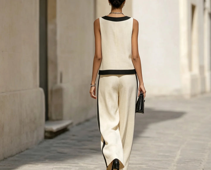 Neues Damen-Mode-Set in Creme mit schwarzem Besatz, 2-teilig, ärmelloses V-Ausschnitt-Oberteil & hochtaillierte Weite-Hose, Elegantes Casual-Kombi-Set
