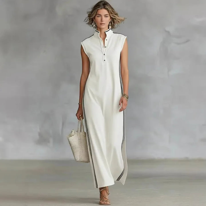 Neues Damen-Maxikleid mit Kontrastbesatz, Stehkragen, ärmellos mit Knopfleiste und Seitenschlitz, Lässiges Elegantes Sommer-Tunika-Kleid