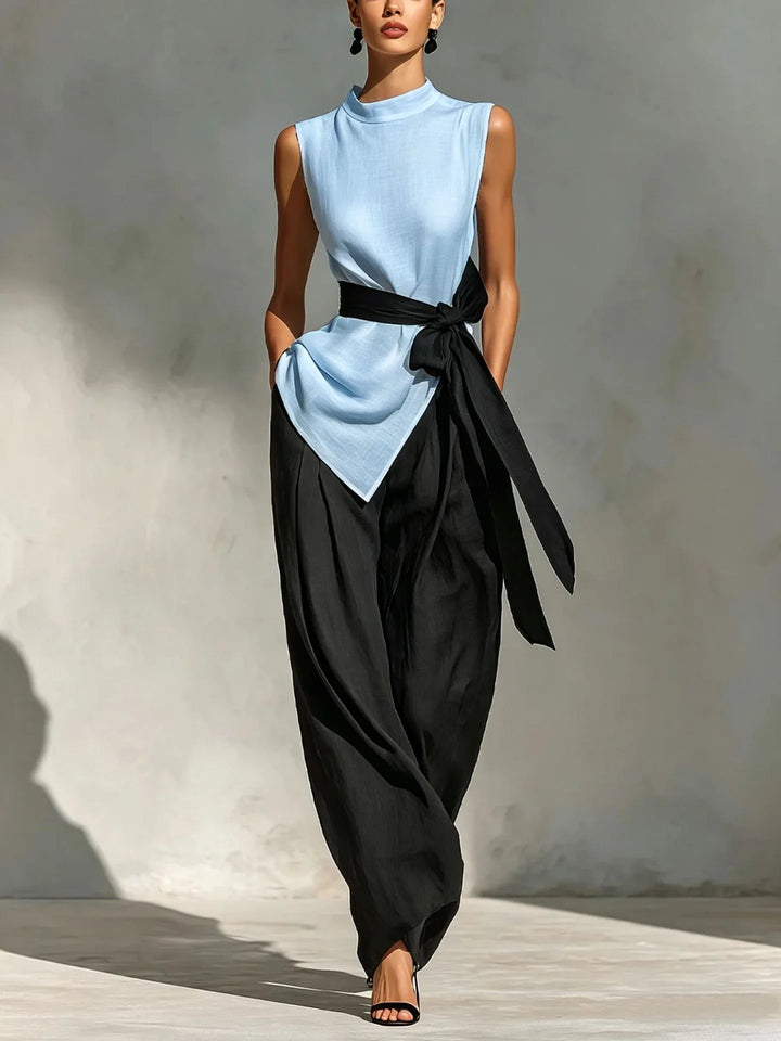 Hochwertiges Damen-Zweiteiler-Set: Ärmelloses Asymmetrisches Oberteil mit Rundhalsausschnitt & Hochtaillierte Weite Hose mit Kontrastgürtel, Formelles Outfit