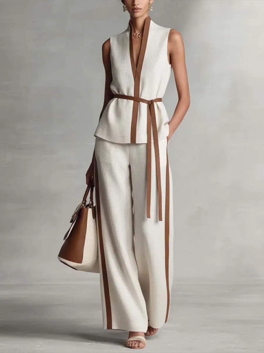 Hochwertiges Damen-Sommer-Set: Ärmelloses V-Ausschnitt-Oberteil mit Gürtel & High-Waist-Hose mit weitem Bein – Formelles Büro-Outfit