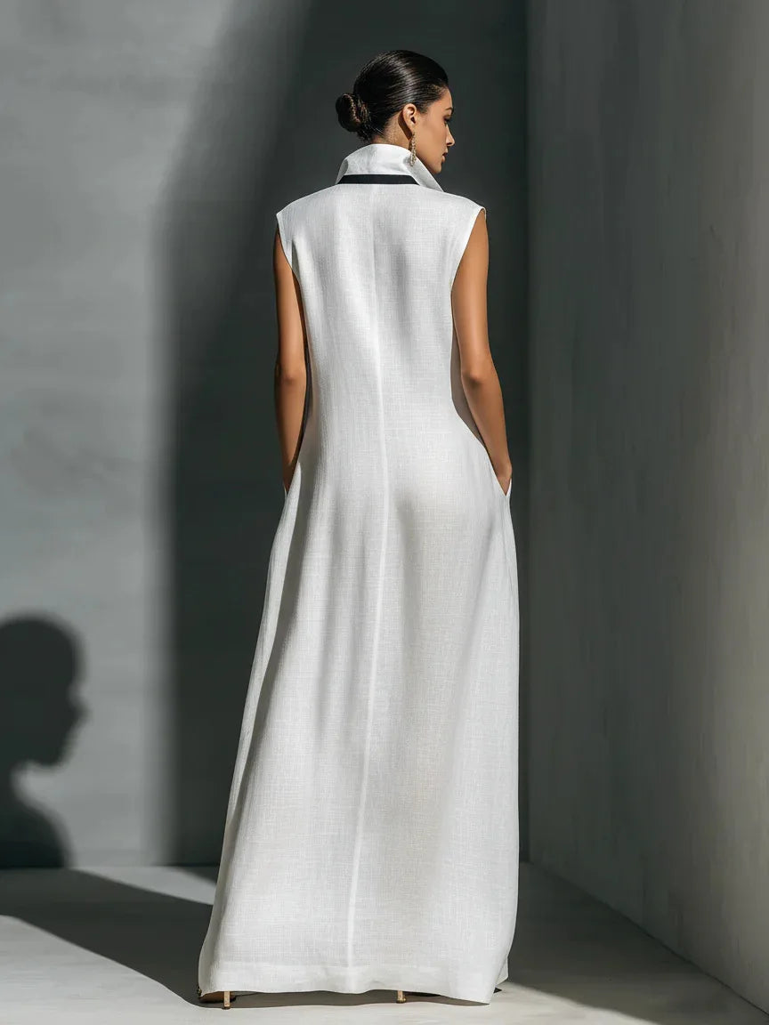 Premium Damen Neues Sommer-Modekleid Elegantes Farbblock-Design Atmungsaktives Weiches Maxikleid mit Stehkragen Ärmellos Locker Sitzendes Langes Kleid