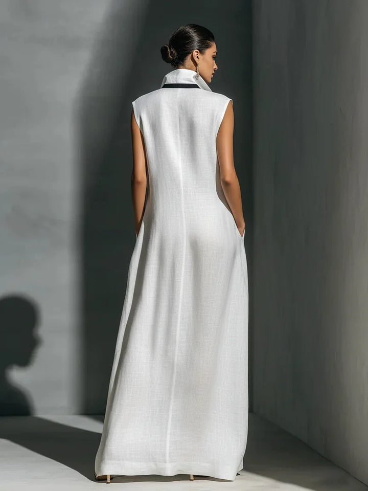 Premium Damen Neues Sommer-Modekleid Elegantes Farbblock-Design Atmungsaktives Weiches Maxikleid mit Stehkragen Ärmellos Locker Sitzendes Langes Kleid