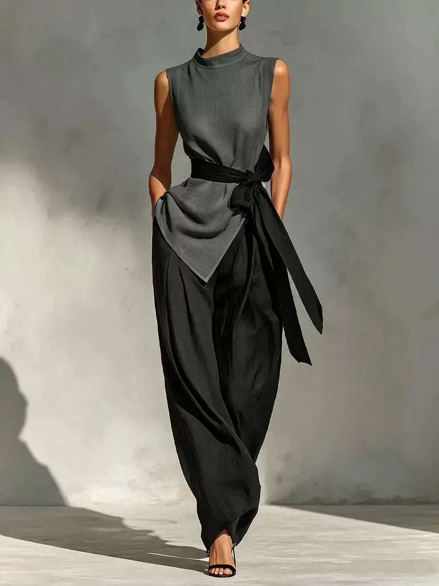 Hochwertiges Damen-Zweiteiler-Set: Ärmelloses Asymmetrisches Oberteil mit Rundhalsausschnitt & Hochtaillierte Weite Hose mit Kontrastgürtel, Formelles Outfit