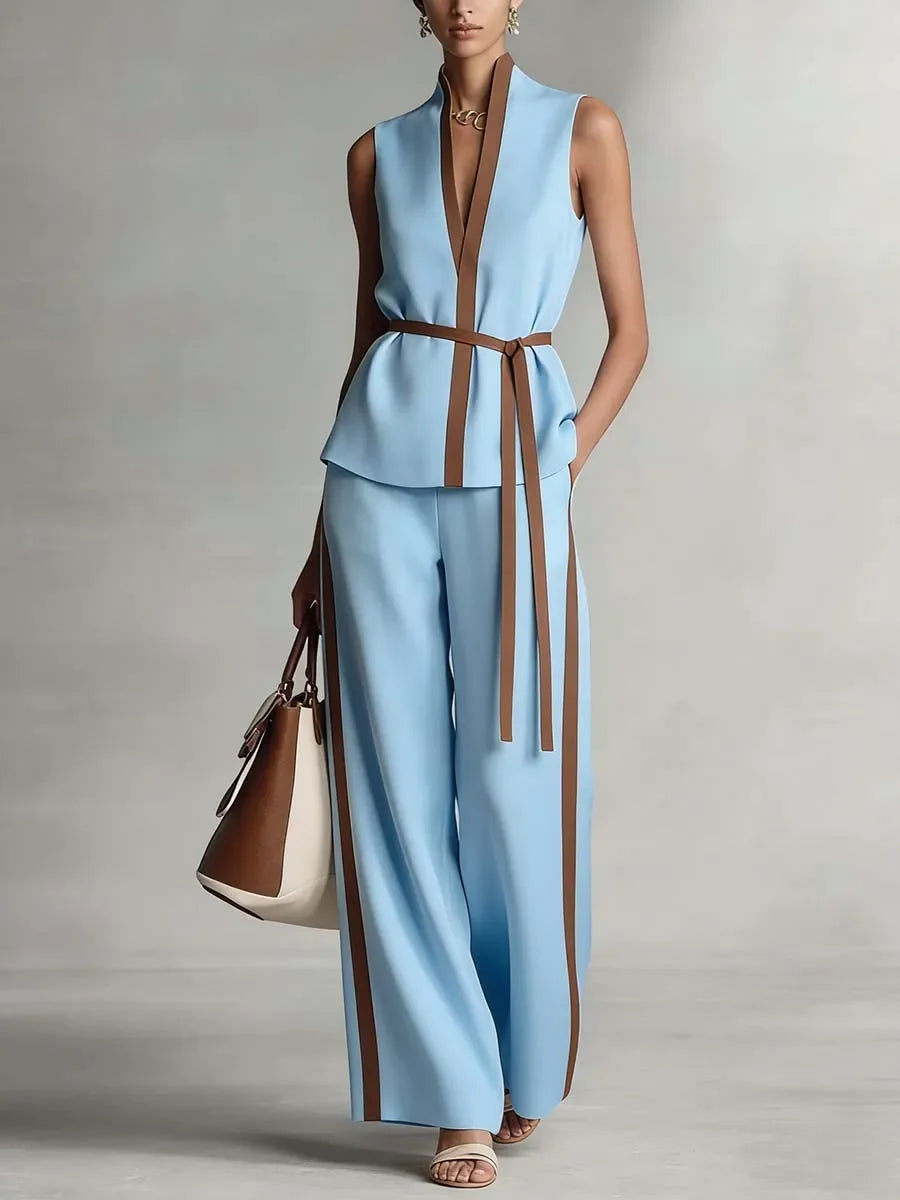 Hochwertiges Damen-Sommer-Set: Ärmelloses V-Ausschnitt-Oberteil mit Gürtel & High-Waist-Hose mit weitem Bein – Formelles Büro-Outfit