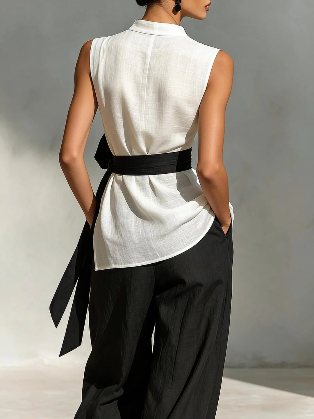 Hochwertiges Damen-Zweiteiler-Set: Ärmelloses Asymmetrisches Oberteil mit Rundhalsausschnitt & Hochtaillierte Weite Hose mit Kontrastgürtel, Formelles Outfit