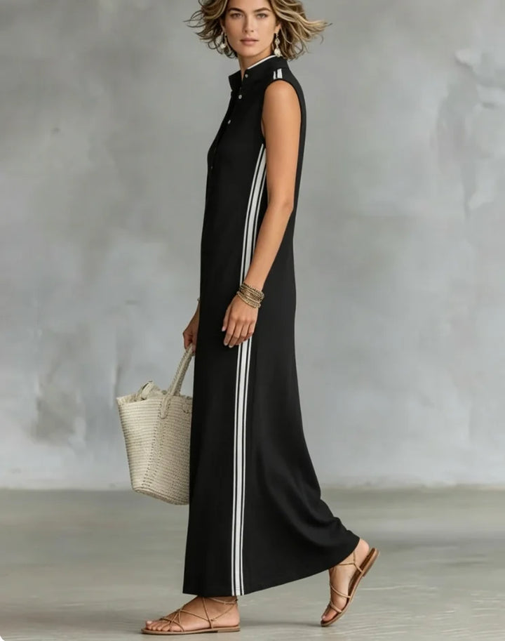 Neues Damen-Maxikleid mit Kontrastbesatz, Stehkragen, ärmellos mit Knopfleiste und Seitenschlitz, Lässiges Elegantes Sommer-Tunika-Kleid
