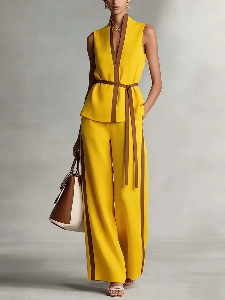 Hochwertiges Damen-Sommer-Set: Ärmelloses V-Ausschnitt-Oberteil mit Gürtel & High-Waist-Hose mit weitem Bein – Formelles Büro-Outfit