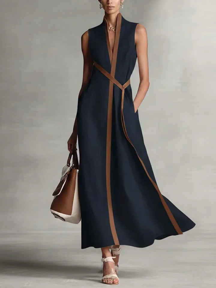 Premium Damen Neues Sommer-Mode Weiches Kontrastbesetztes Wickel-Maxikleid Ärmellos V-Ausschnitt Gegürtet Formelles Sommer-Urlaubskleid
