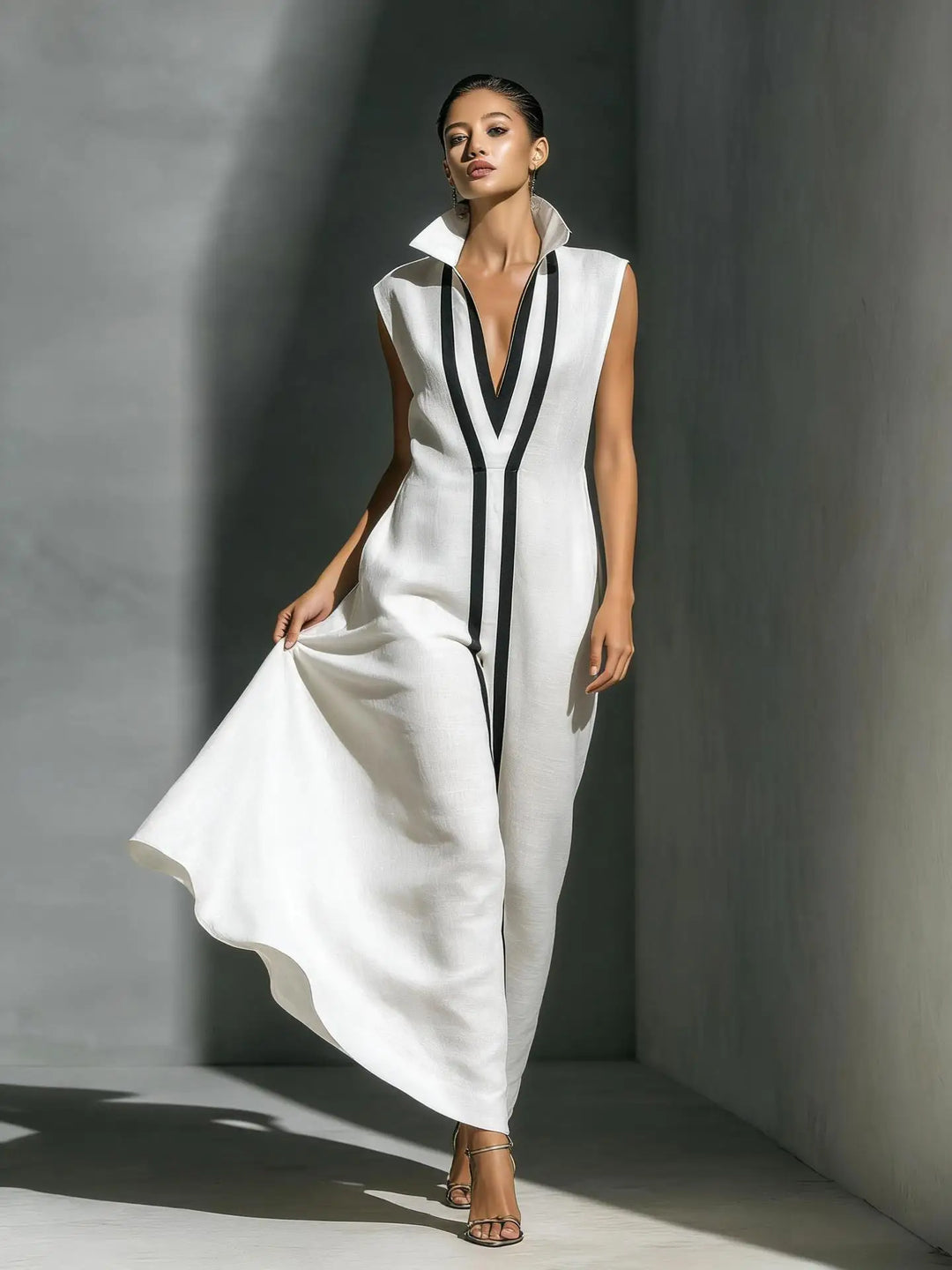 Premium Damen Neues Sommer-Modekleid Elegantes Farbblock-Design Atmungsaktives Weiches Maxikleid mit Stehkragen Ärmellos Locker Sitzendes Langes Kleid