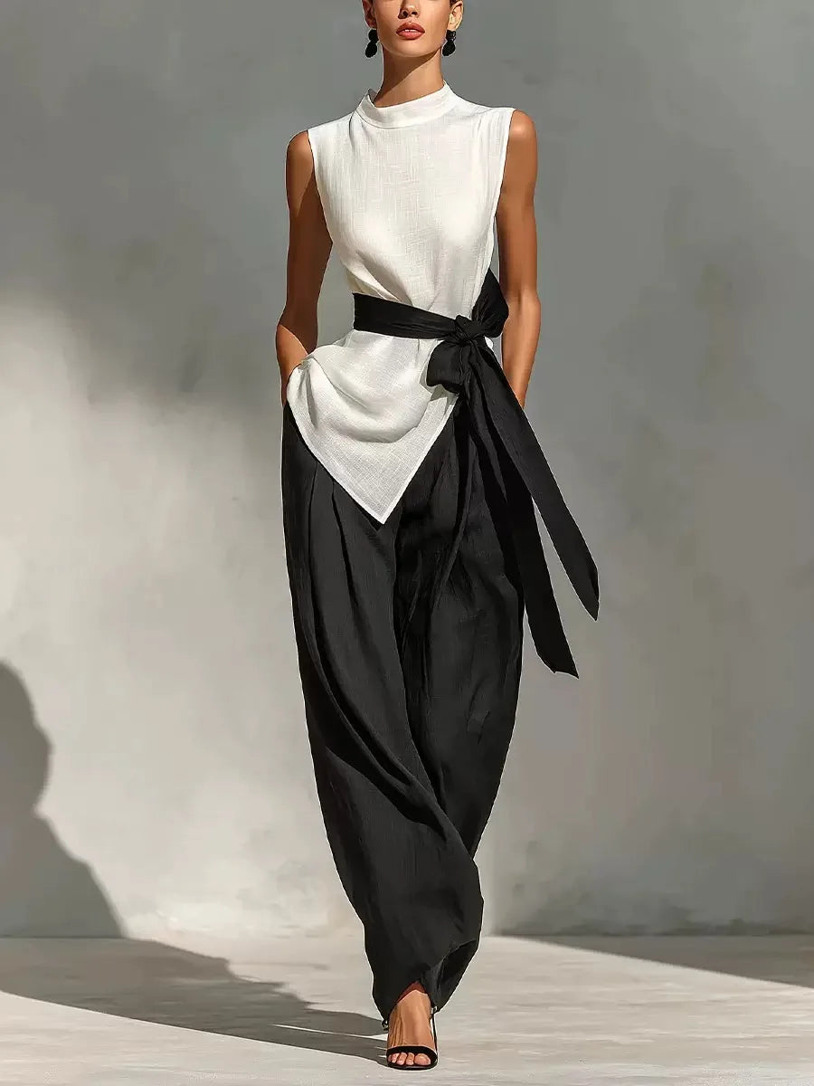 Hochwertiges Damen-Zweiteiler-Set: Ärmelloses Asymmetrisches Oberteil mit Rundhalsausschnitt & Hochtaillierte Weite Hose mit Kontrastgürtel, Formelles Outfit