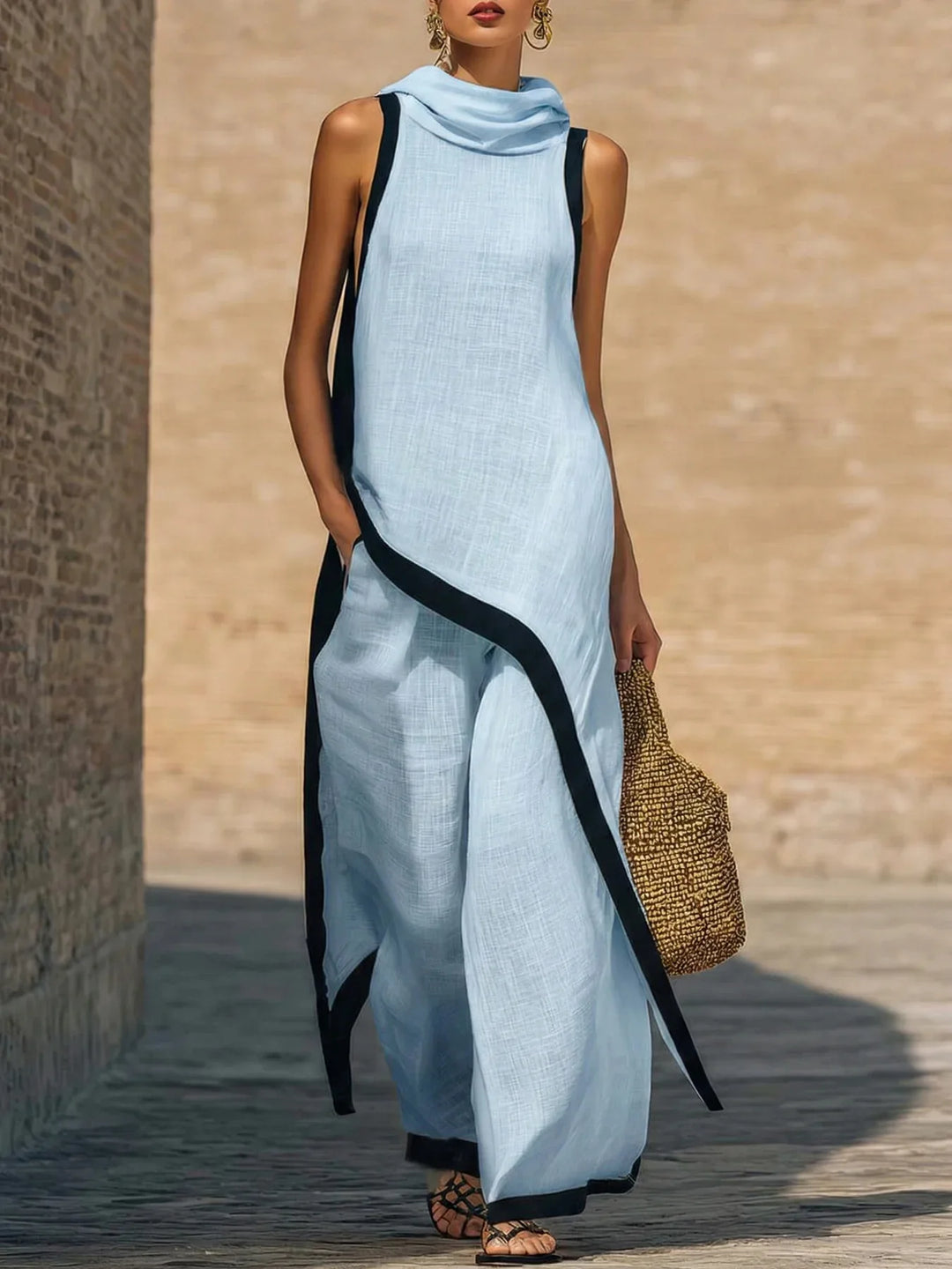 Damen Kontrast-Trim Zweiteiler-Set Ärmelloses Tunika-Oberteil mit Wasserfallausschnitt und Seitenschlitzen & Hochgeschnittenes Weites Hosen-Set Lässiges Sommer-Outfit