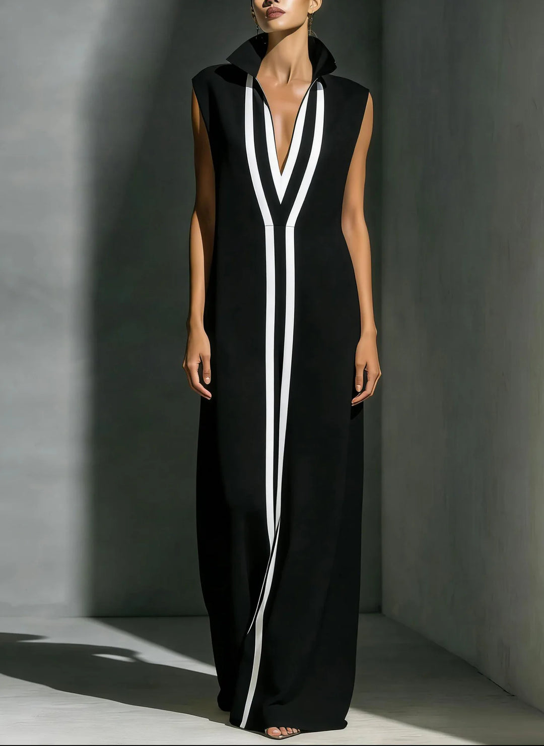 Premium Damen Neues Sommer-Modekleid Elegantes Farbblock-Design Atmungsaktives Weiches Maxikleid mit Stehkragen Ärmellos Locker Sitzendes Langes Kleid