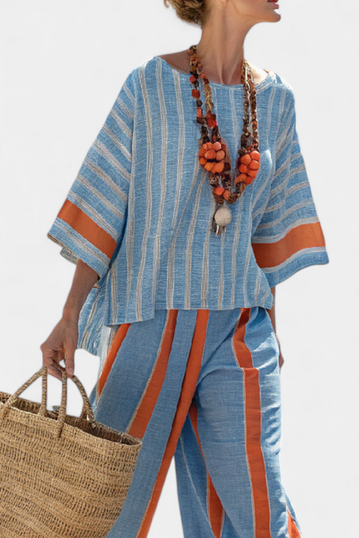 Valeria – sophisticated terracotta striped top and linen pants