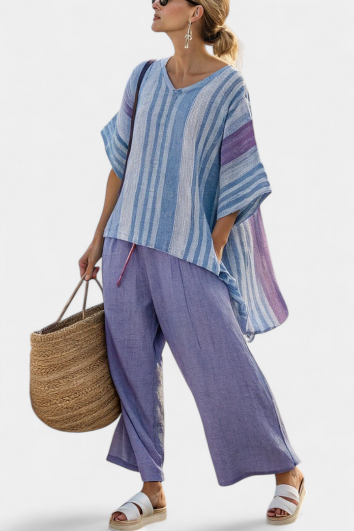 Carlotta – elegant top in lavender and sky blue with linen pants