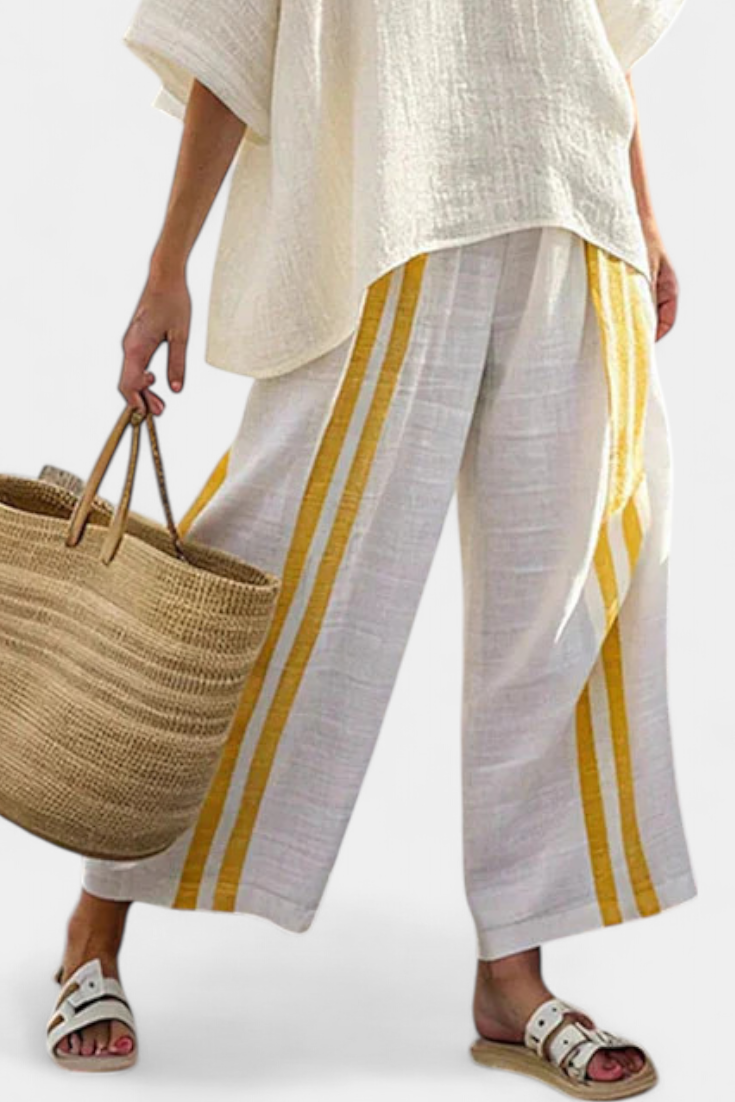 Arianna – elegant yellow striped linen top and wide-leg pants