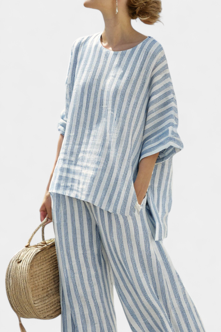Federica – sophisticated blue striped linen top and relaxed pants