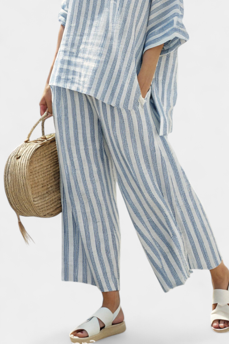 Federica – sophisticated blue striped linen top and relaxed pants