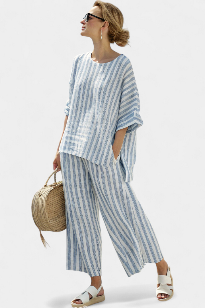 Federica – sophisticated blue striped linen top and relaxed pants