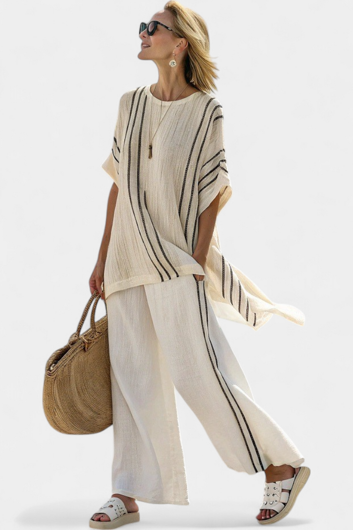 Raffaella – elegant ivory linen blouse and black striped pants