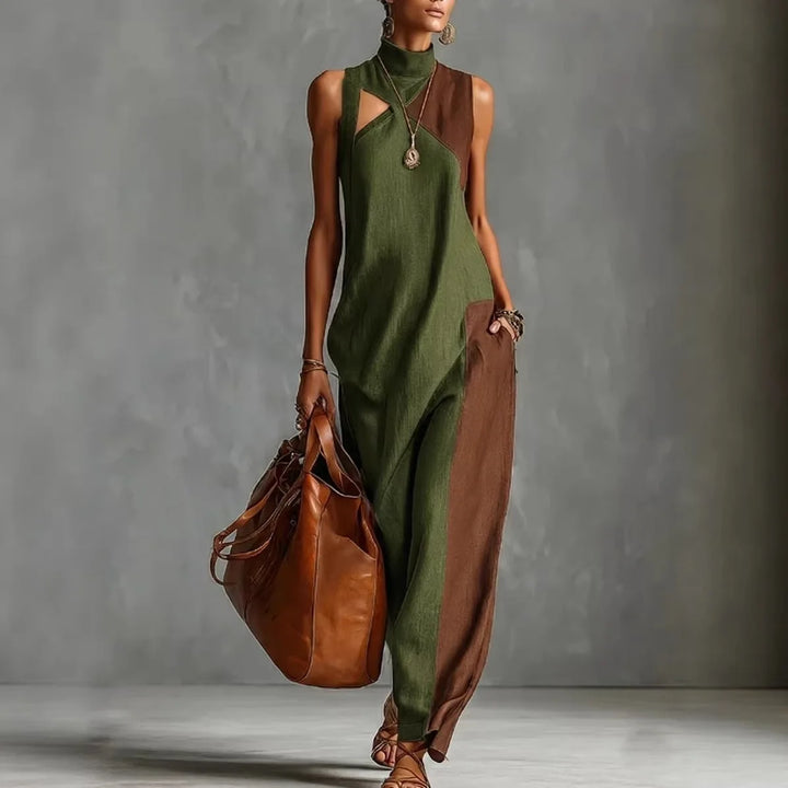Fashionable Color Block Long Casual Dress Women's Summer New Style Polyester Fabric High Waist A-Line Skirt Neckline