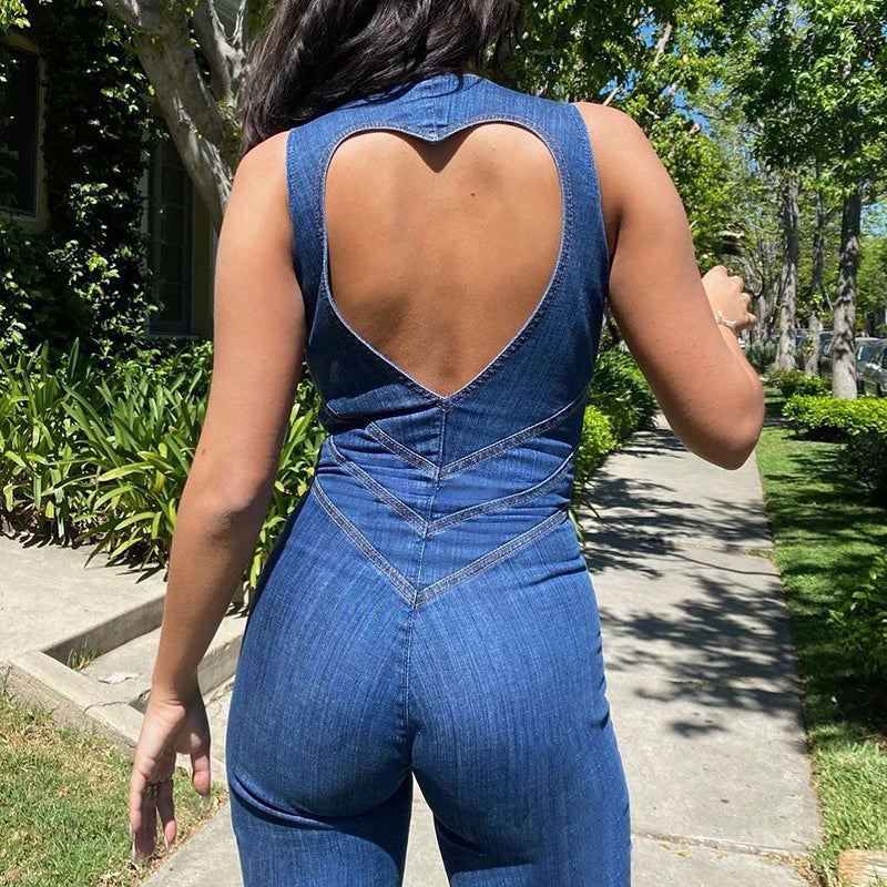Valentine | Heart-Shaped Backless Denim Jumpsuit