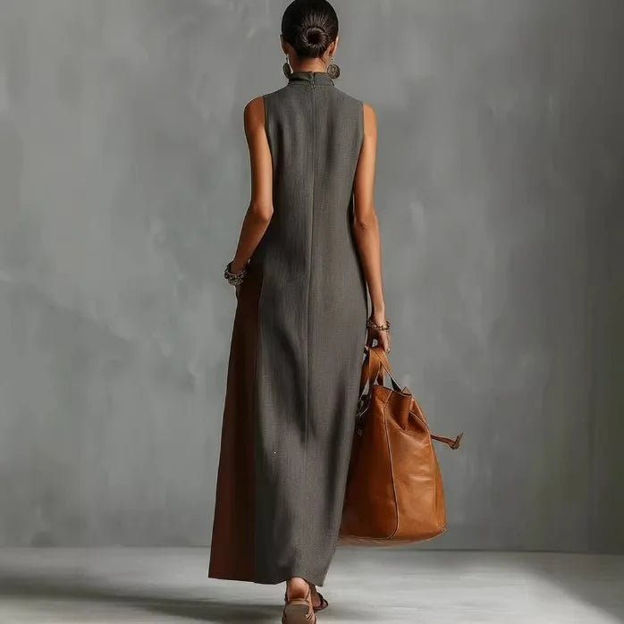 Fashionable Color Block Long Casual Dress Women's Summer New Style Polyester Fabric High Waist A-Line Skirt Neckline