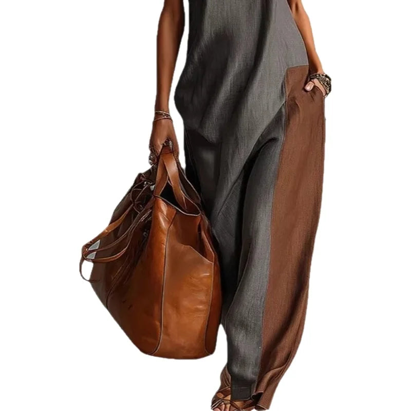 Fashionable Color Block Long Casual Dress Women's Summer New Style Polyester Fabric High Waist A-Line Skirt Neckline
