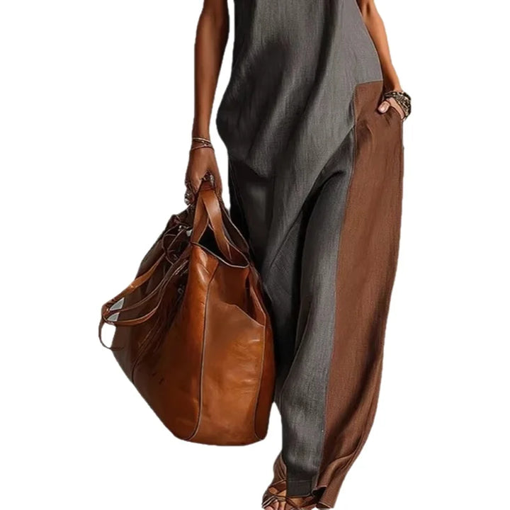 Fashionable Color Block Long Casual Dress Women's Summer New Style Polyester Fabric High Waist A-Line Skirt Neckline