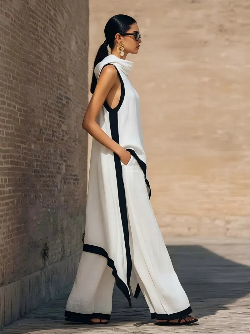 2026 European American Linen Cotton 2 Piece Set Solid Sleeveless Shirt High Waist Long Pants Elegant Casual Outfit