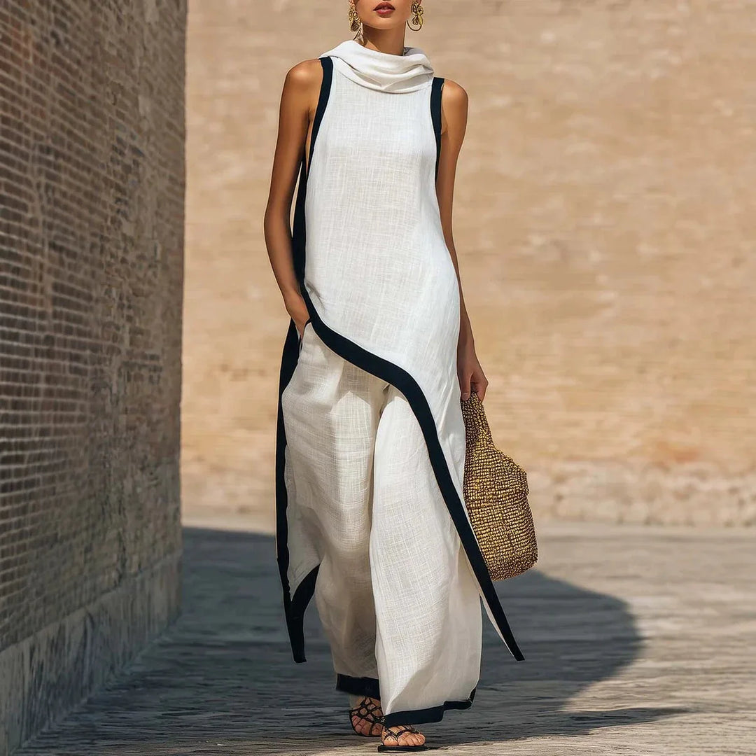 2026 European American Linen Cotton 2 Piece Set Solid Sleeveless Shirt High Waist Long Pants Elegant Casual Outfit