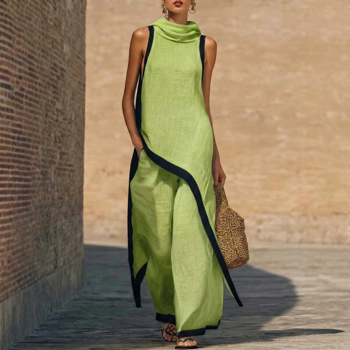 2026 European American Linen Cotton 2 Piece Set Solid Sleeveless Shirt High Waist Long Pants Elegant Casual Outfit