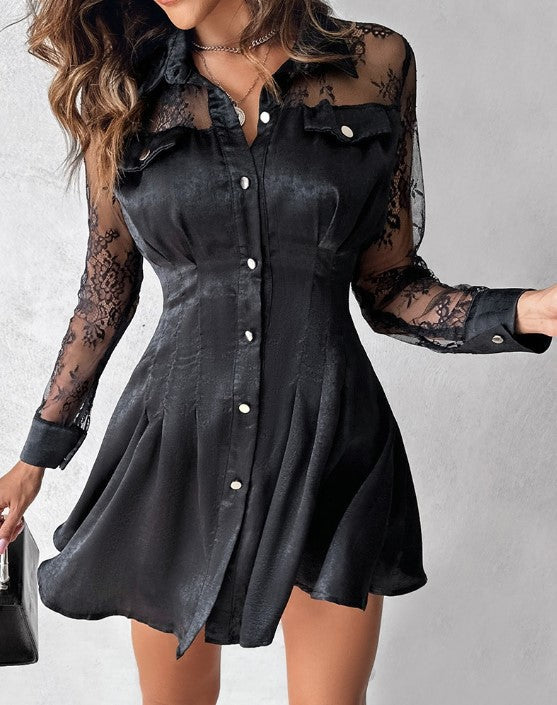 Madisona | Long Sleeve Shirt Dress with Contrasting Lace for Women