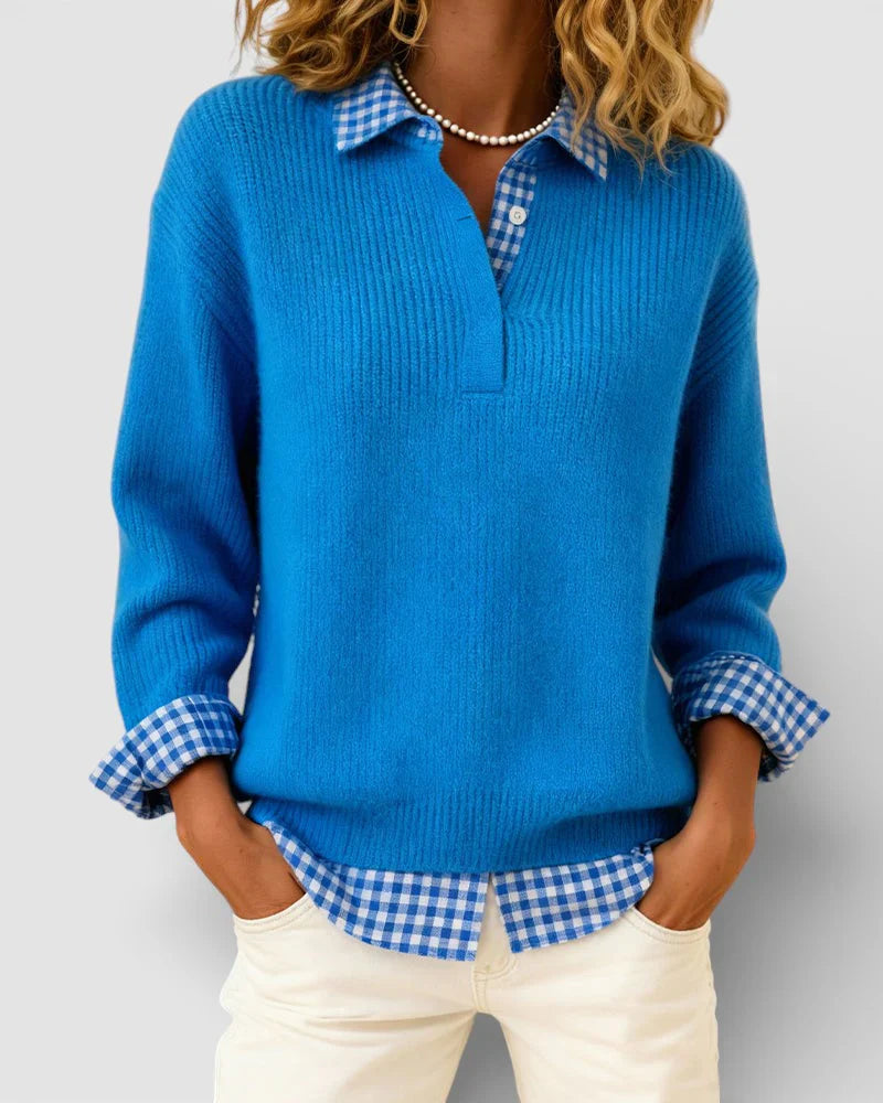 Berta | Knitted sweater with checkered shirt detail