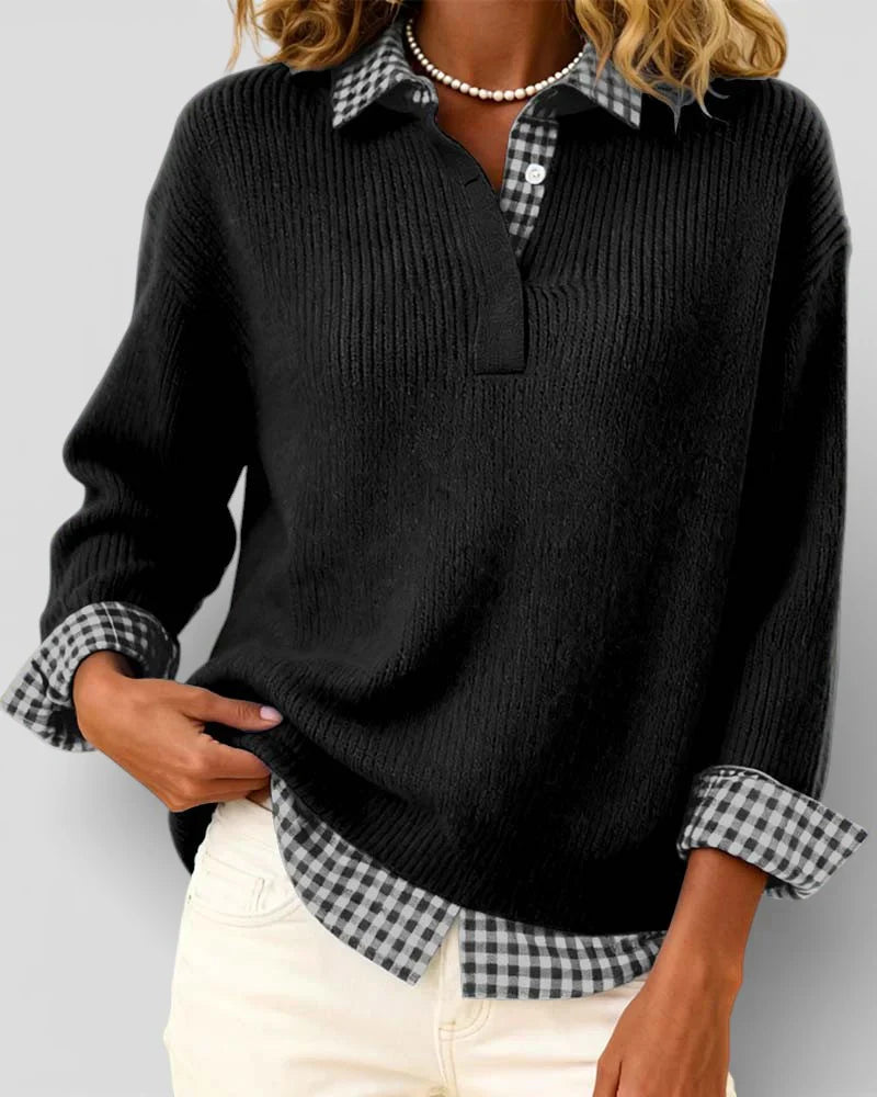 Berta | Knitted sweater with checkered shirt detail