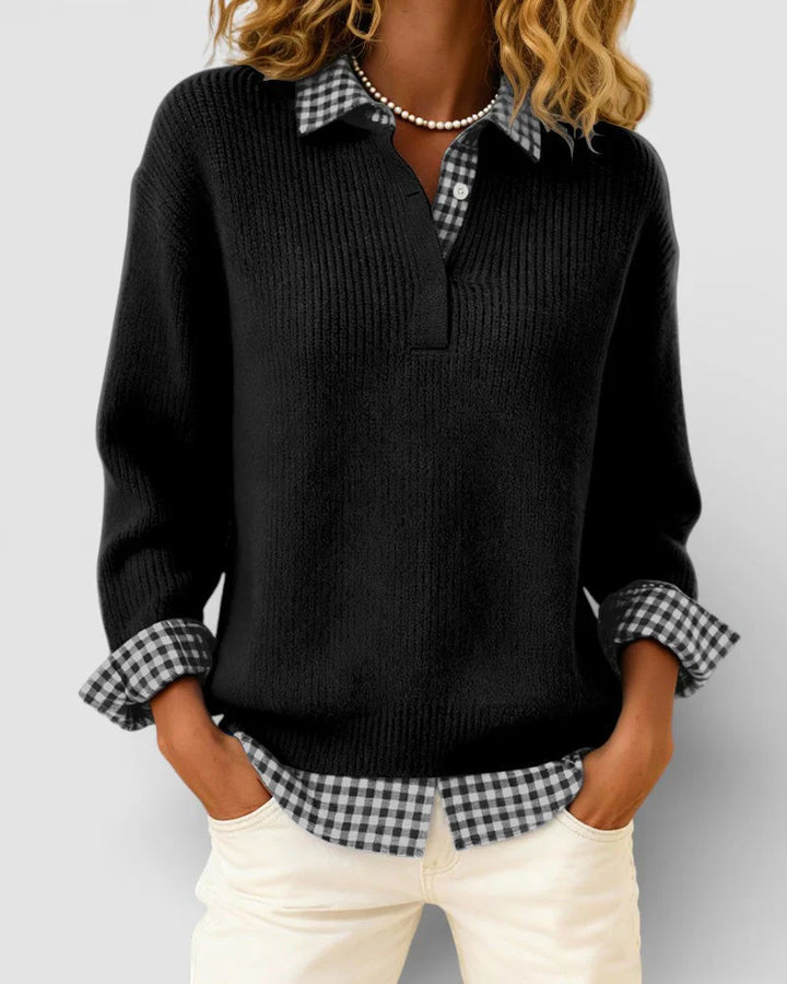 Berta | Knitted sweater with checkered shirt detail