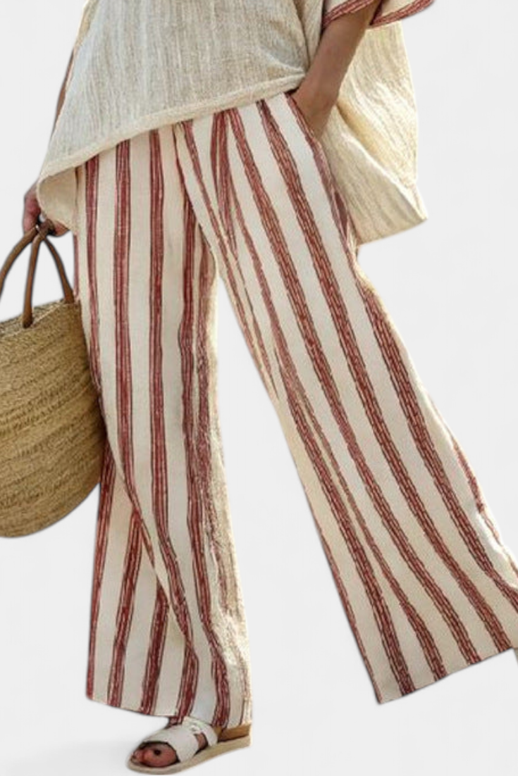 Rosalinda – Elegant Rustic Striped Top and Cream Linen Pants